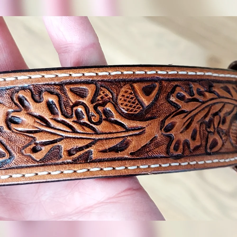 Vogt Russet Brown Hand Tooled Acorn/Leaf Leather Belt, 48